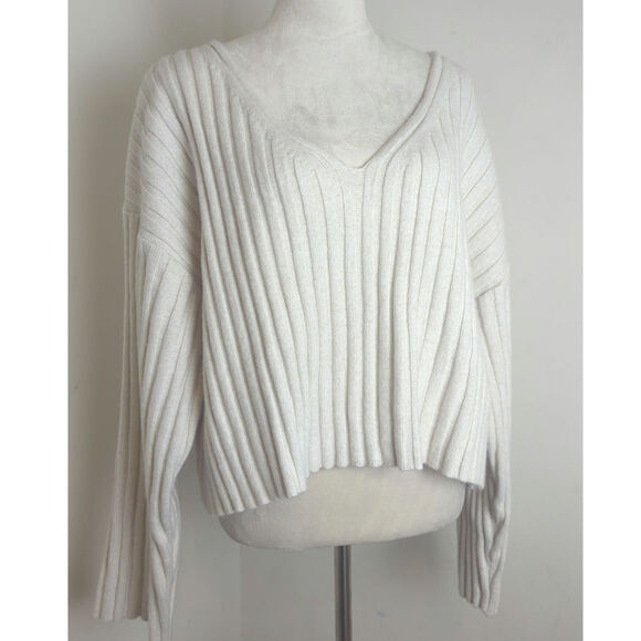 Oversized Slouchy Wool Blend Ribbed Knit Cropped Sweater Wide Sleeves Women's XL - Picture 1 of 8